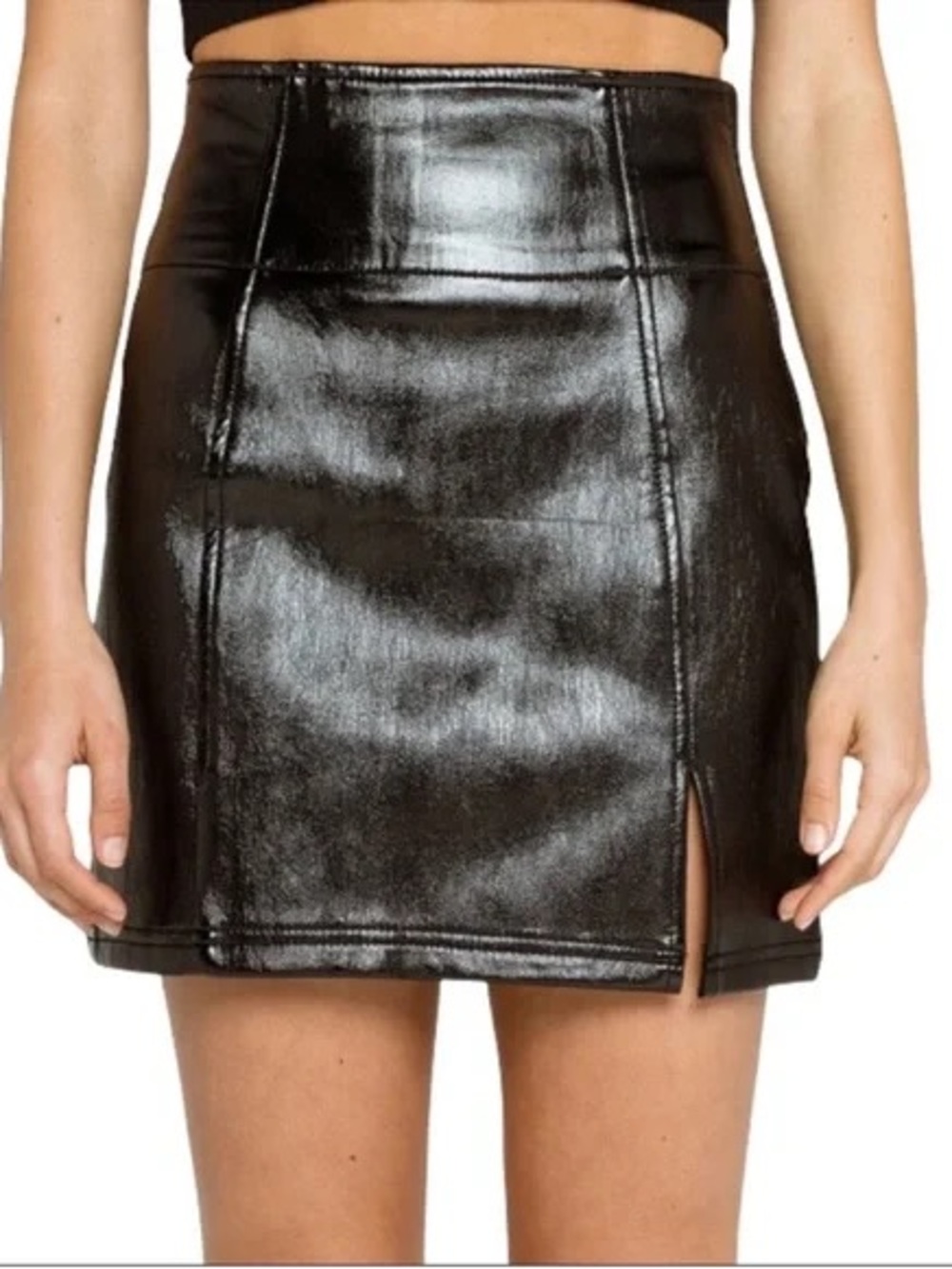 Free People Shiny Black Faux Leather Mini Skirt with Side Slit